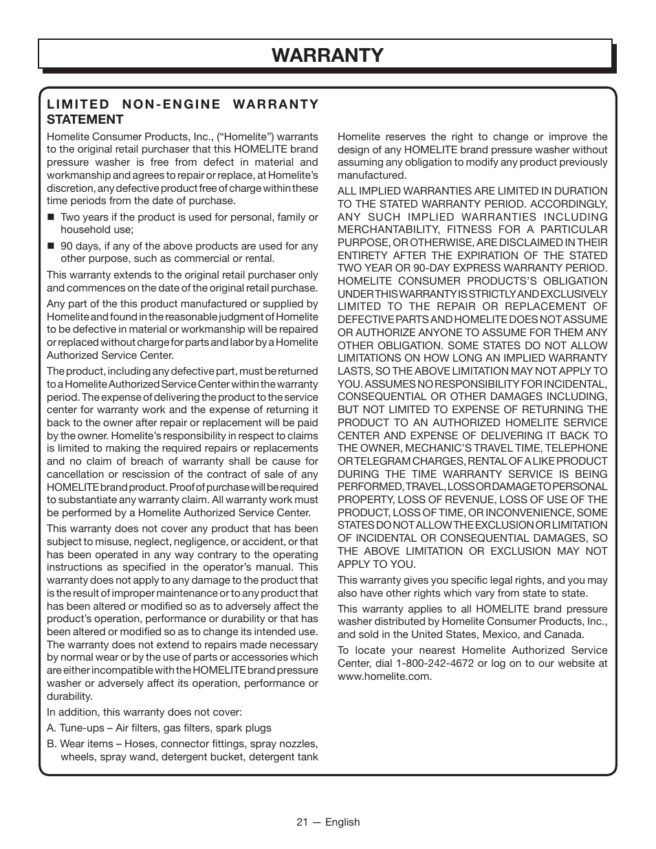 Warranty | Homelite UT80835 User Manual | Page 26 / 65