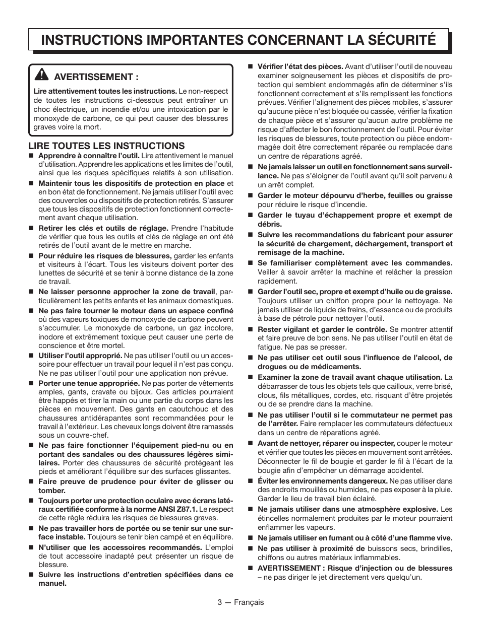 Instructions importantes concernant la sécurité, Avertissement, Lire toutes les instructions | Homelite UT80835 User Manual | Page 27 / 65
