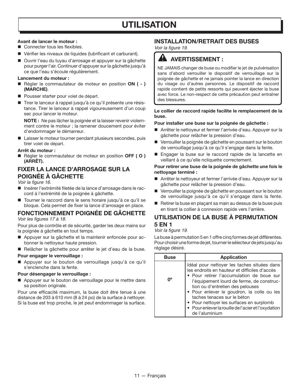 Utilisation, Fonctionnement poignée de gâchette, Installation/retrait des buses | Avertissement, Utilisation de la buse à permutation 5 en 1 | Homelite UT80835 User Manual | Page 35 / 65