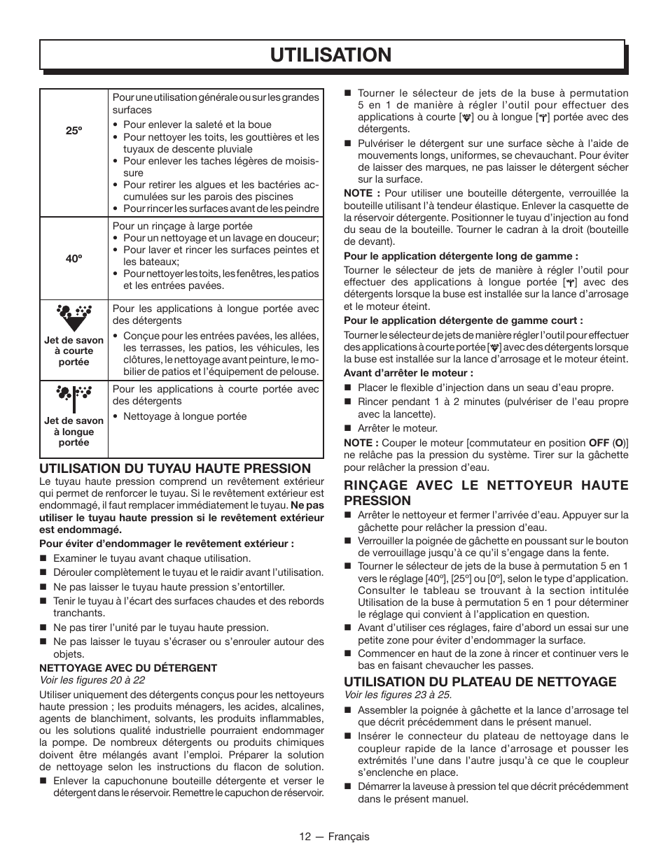 Utilisation, Utilisation du tuyau haute pression, Rinçage avec le nettoyeur haute pression | Utilisation du plateau de nettoyage | Homelite UT80835 User Manual | Page 36 / 65