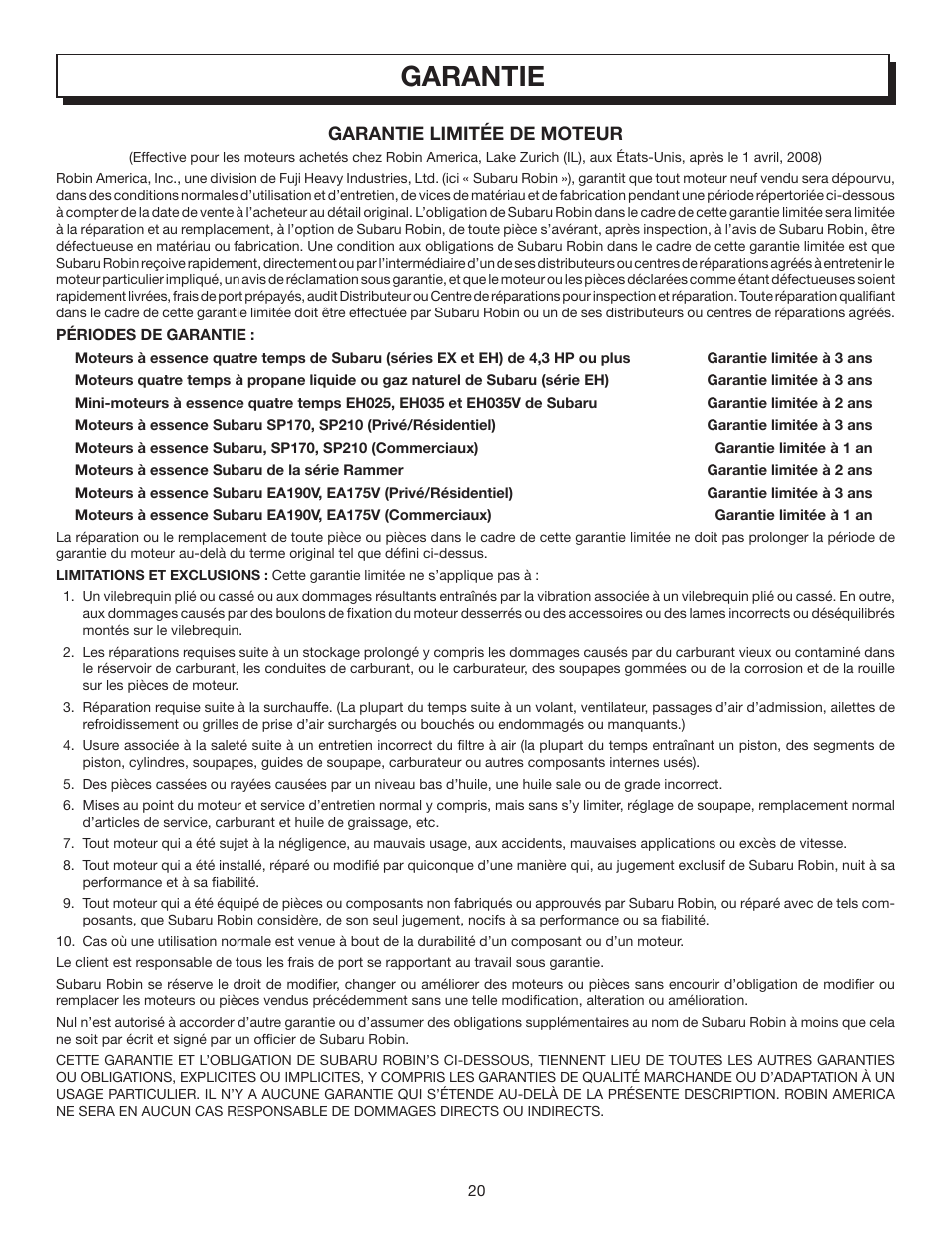 Garantie, Garantie limitée de moteur | Homelite UT80835 User Manual | Page 44 / 65