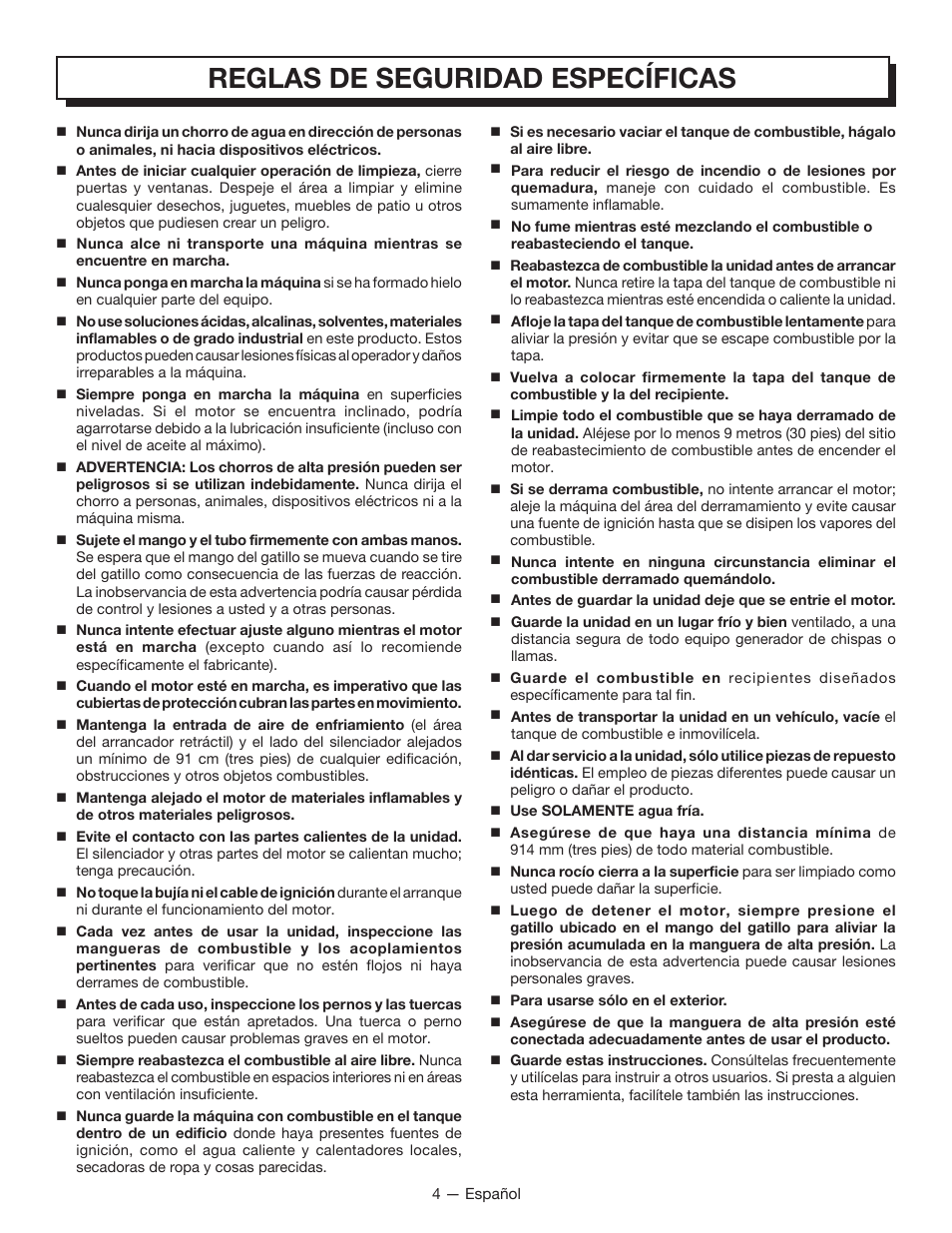 Reglas de seguridad específicas | Homelite UT80835 User Manual | Page 47 / 65