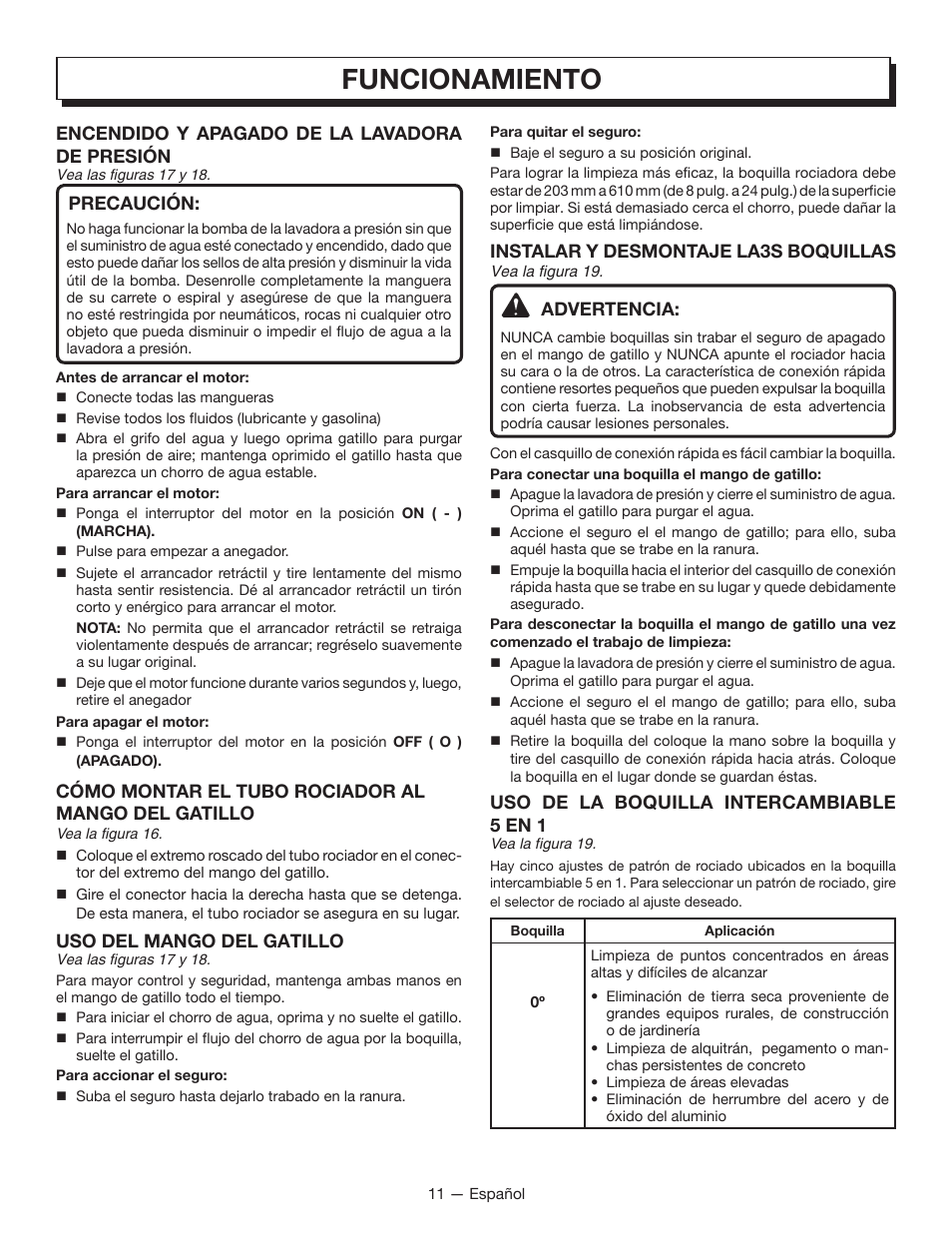 Funcionamiento, Encendido y apagado de la lavadora de presión, Precaución | Cómo montar el tubo rociador al mango del gatillo, Uso del mango del gatillo, Instalar y desmontaje la3s boquillas, Advertencia, Uso de la boquilla intercambiable 5 en 1 | Homelite UT80835 User Manual | Page 54 / 65