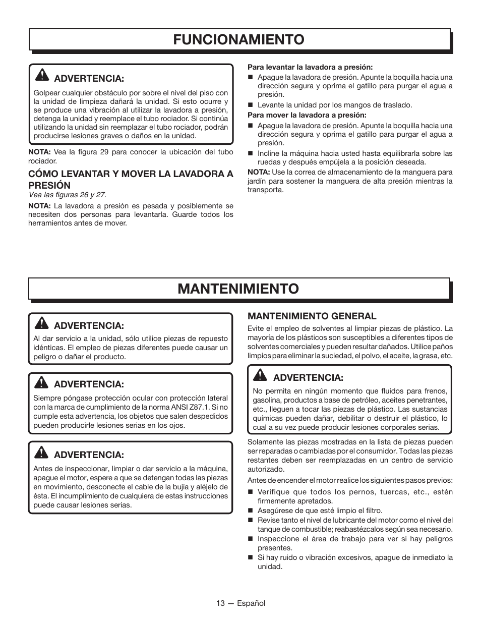 Mantenimiento funcionamiento | Homelite UT80835 User Manual | Page 56 / 65