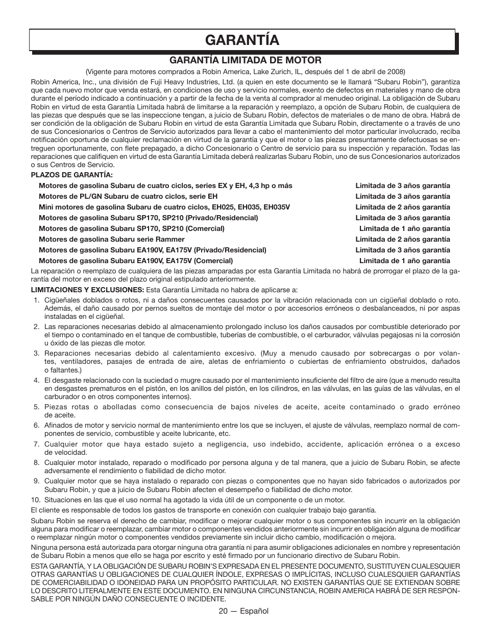 Garantía, Garantía limitada de motor | Homelite UT80835 User Manual | Page 63 / 65