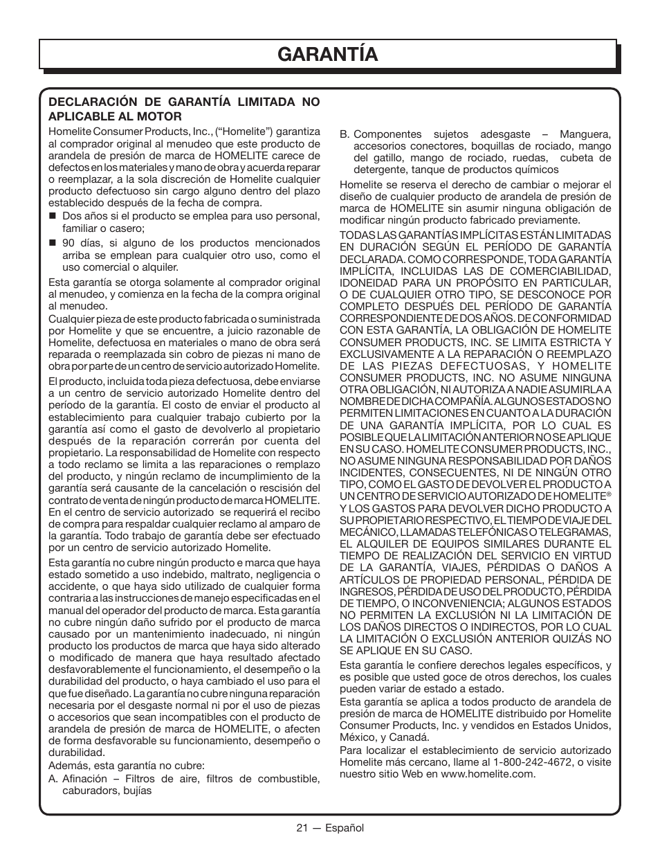Garantía | Homelite UT80835 User Manual | Page 64 / 65