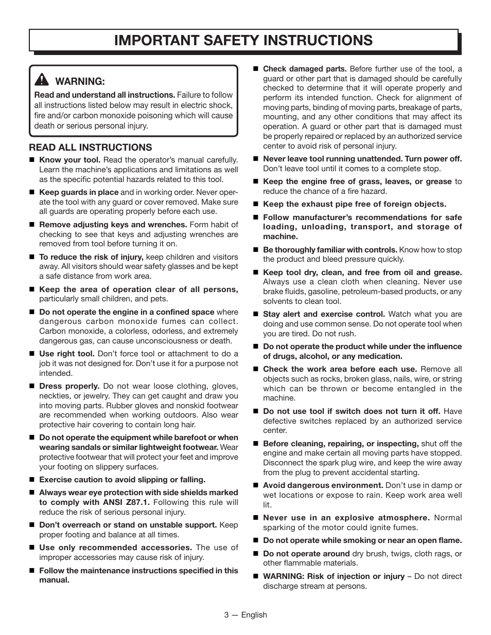 Important safety instructions, Warning | Homelite UT80835 User Manual | Page 8 / 65