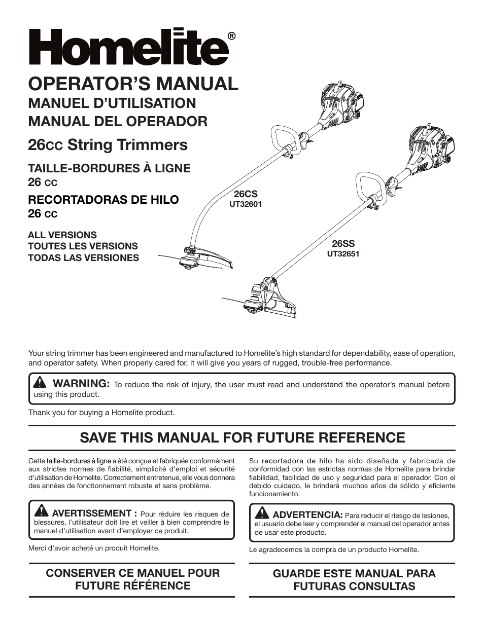 Homelite UT32601 User Manual | 44 pages