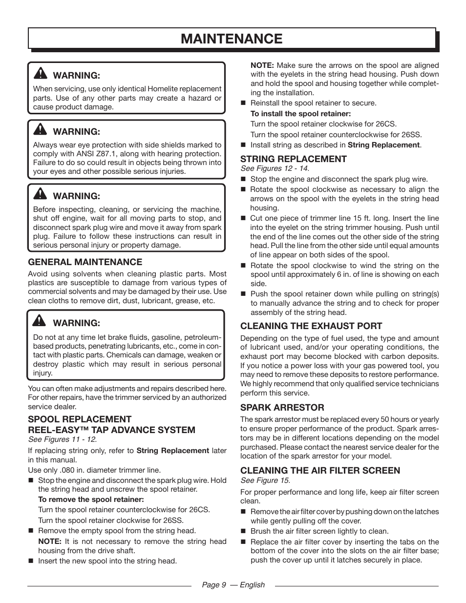 Maintenance | Homelite UT32601 User Manual | Page 13 / 44