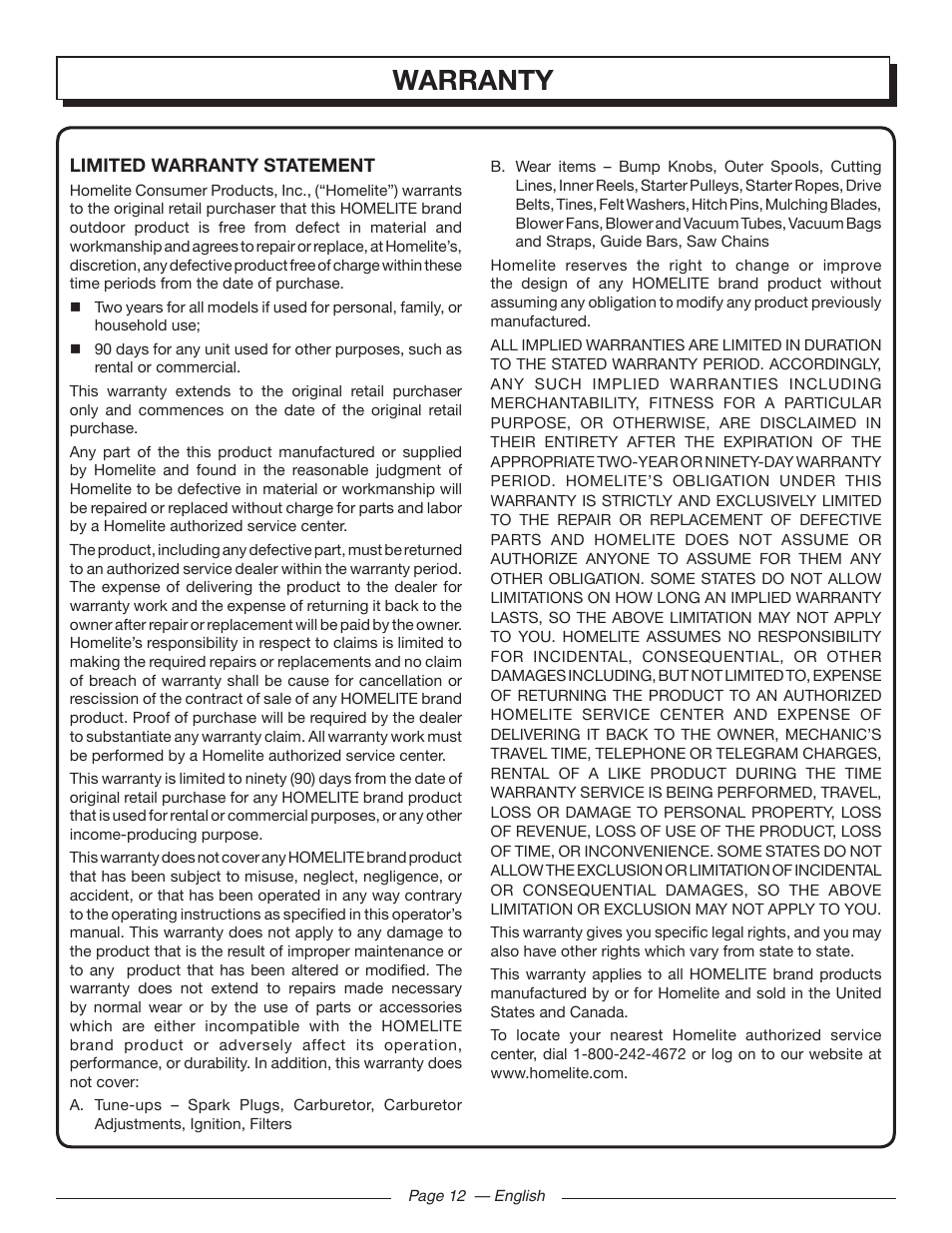 Warranty | Homelite UT32601 User Manual | Page 16 / 44