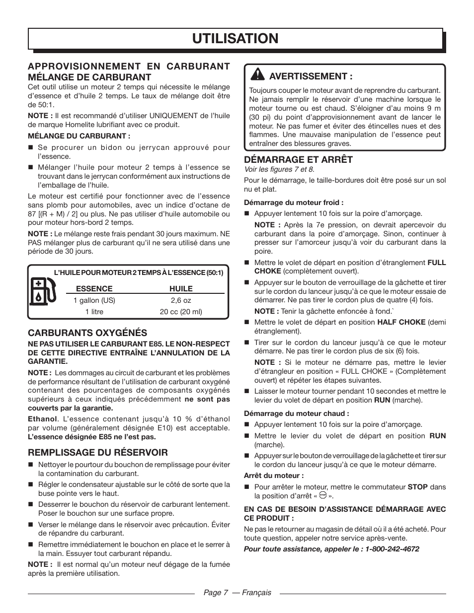 Utilisation, Avertissement, Démarrage et arrêt | Carburants oxygénés, Remplissage du réservoir | Homelite UT32601 User Manual | Page 23 / 44