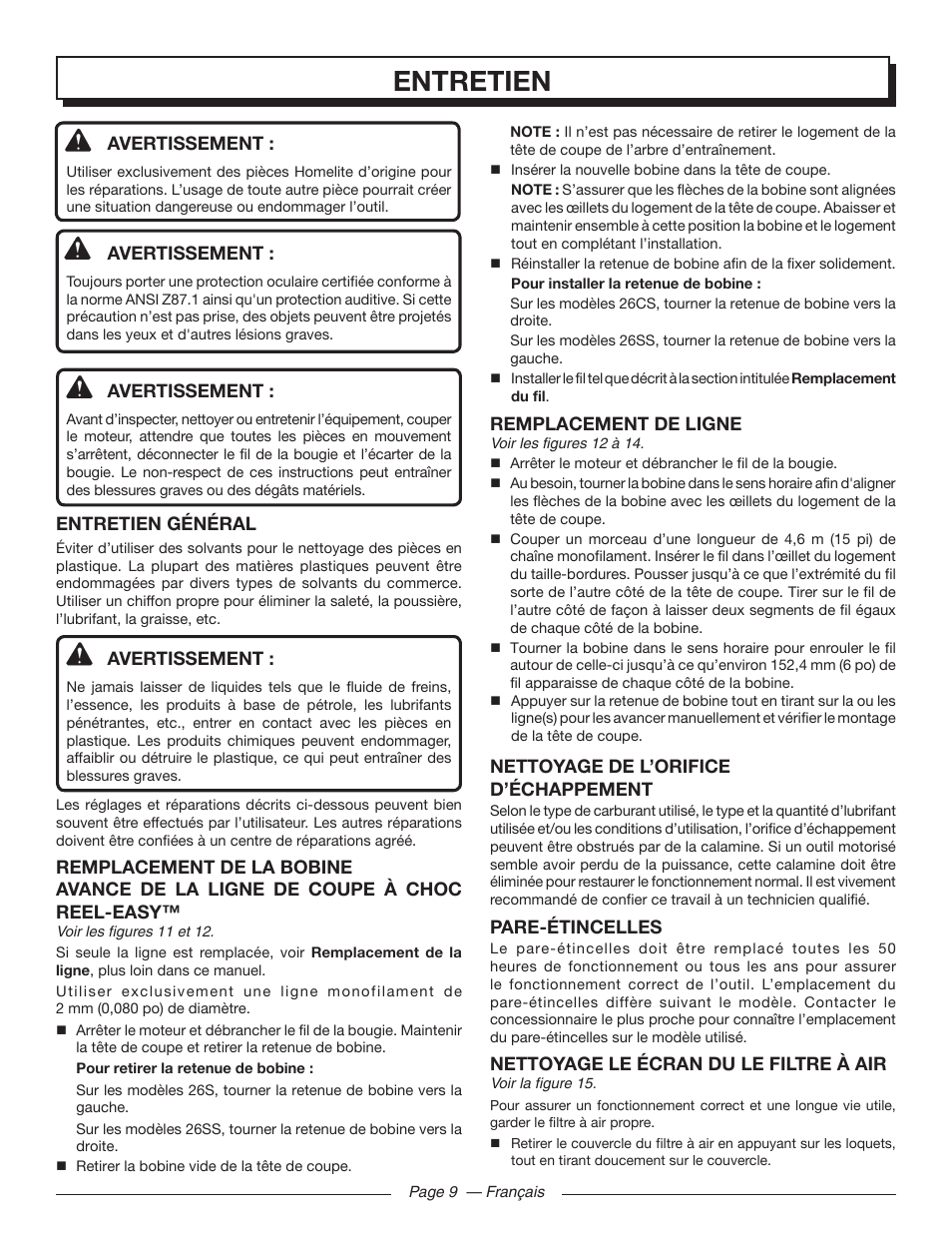 Entretien | Homelite UT32601 User Manual | Page 25 / 44