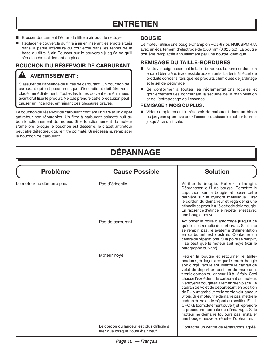 Dépannage, Entretien, Problème cause possible solution | Homelite UT32601 User Manual | Page 26 / 44