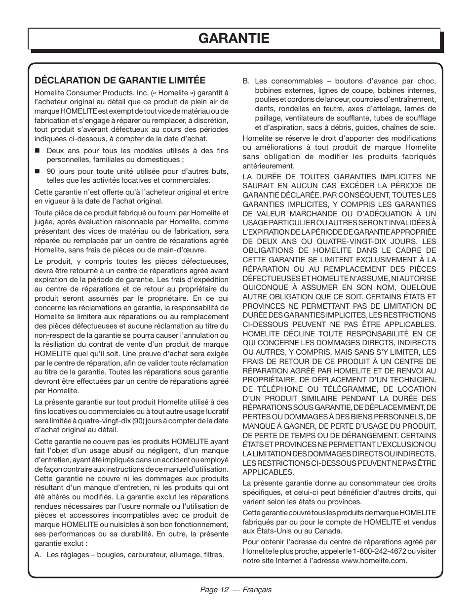 Garantie | Homelite UT32601 User Manual | Page 28 / 44