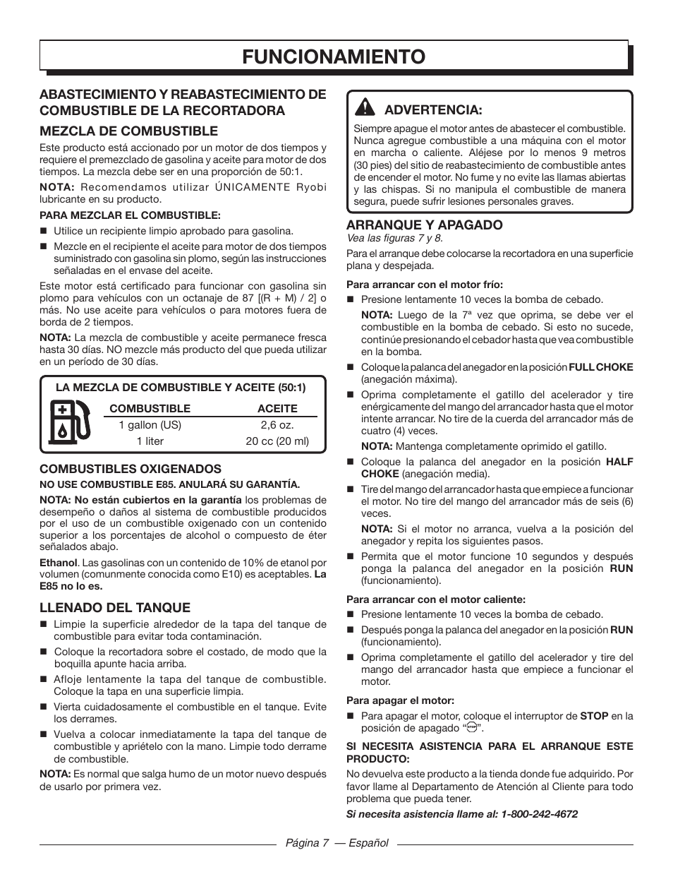 Funcionamiento, Advertencia, Arranque y apagado | Llenado del tanque | Homelite UT32601 User Manual | Page 35 / 44