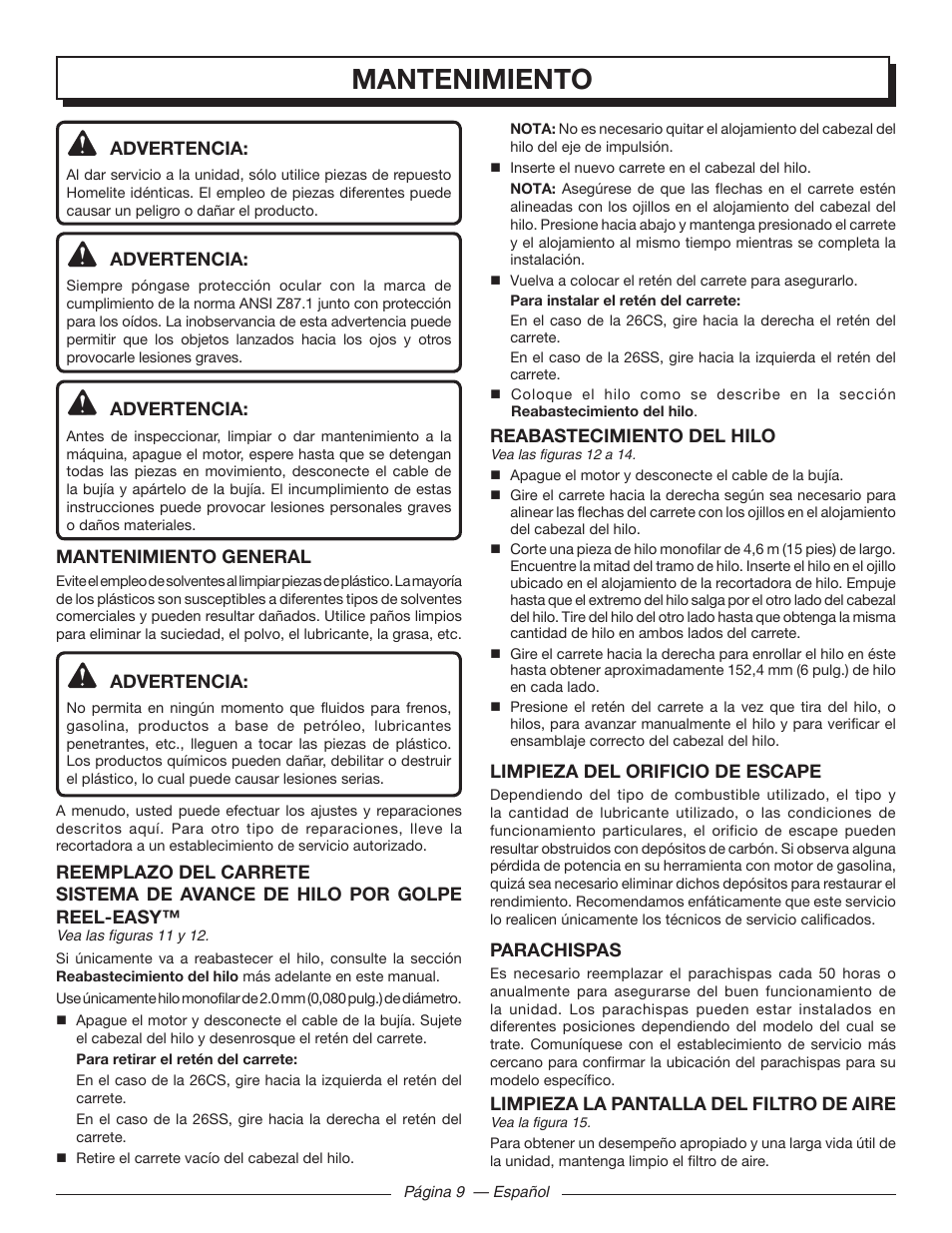 Mantenimiento | Homelite UT32601 User Manual | Page 37 / 44