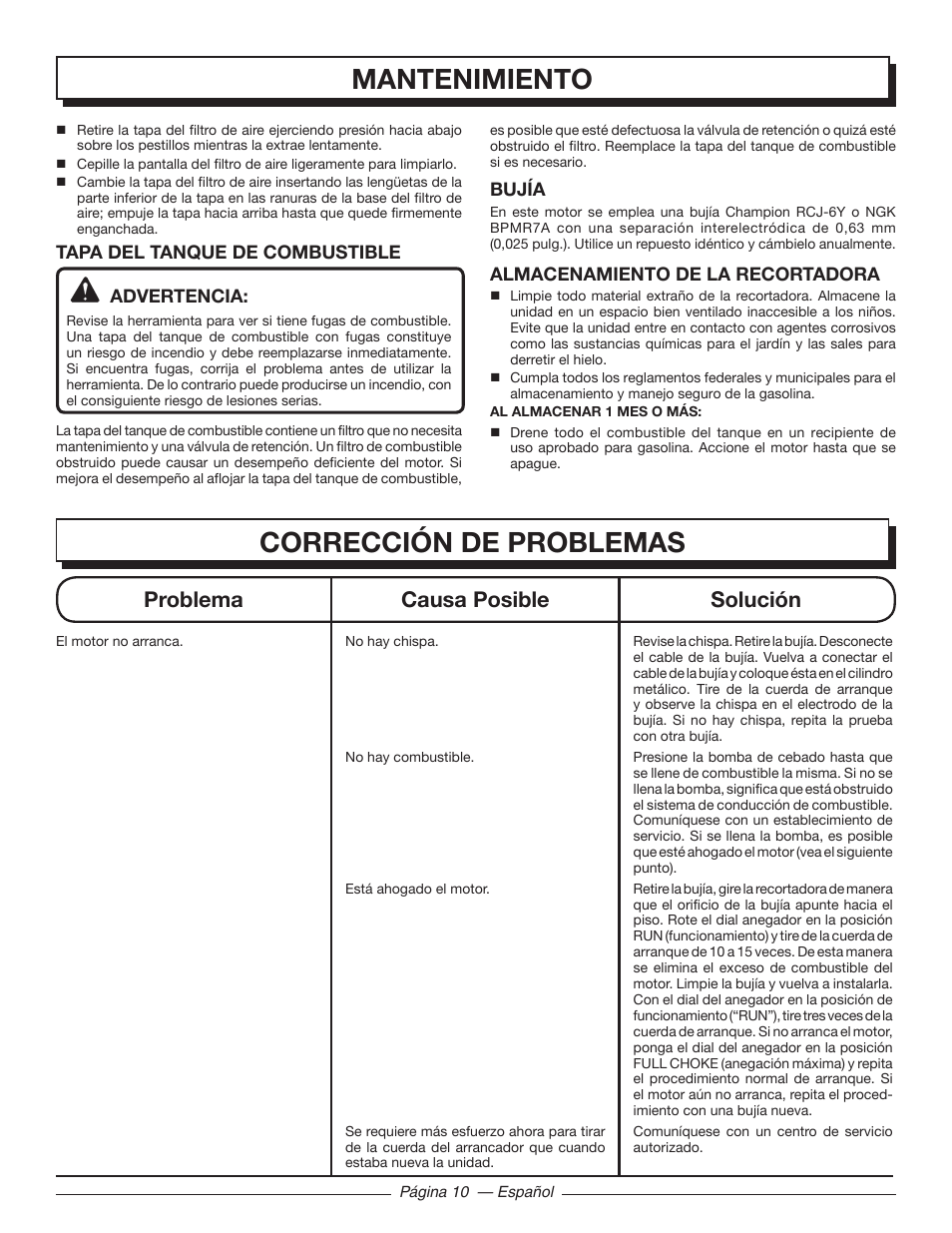 Corrección de problemas, Mantenimiento, Problema causa posible solución | Homelite UT32601 User Manual | Page 38 / 44