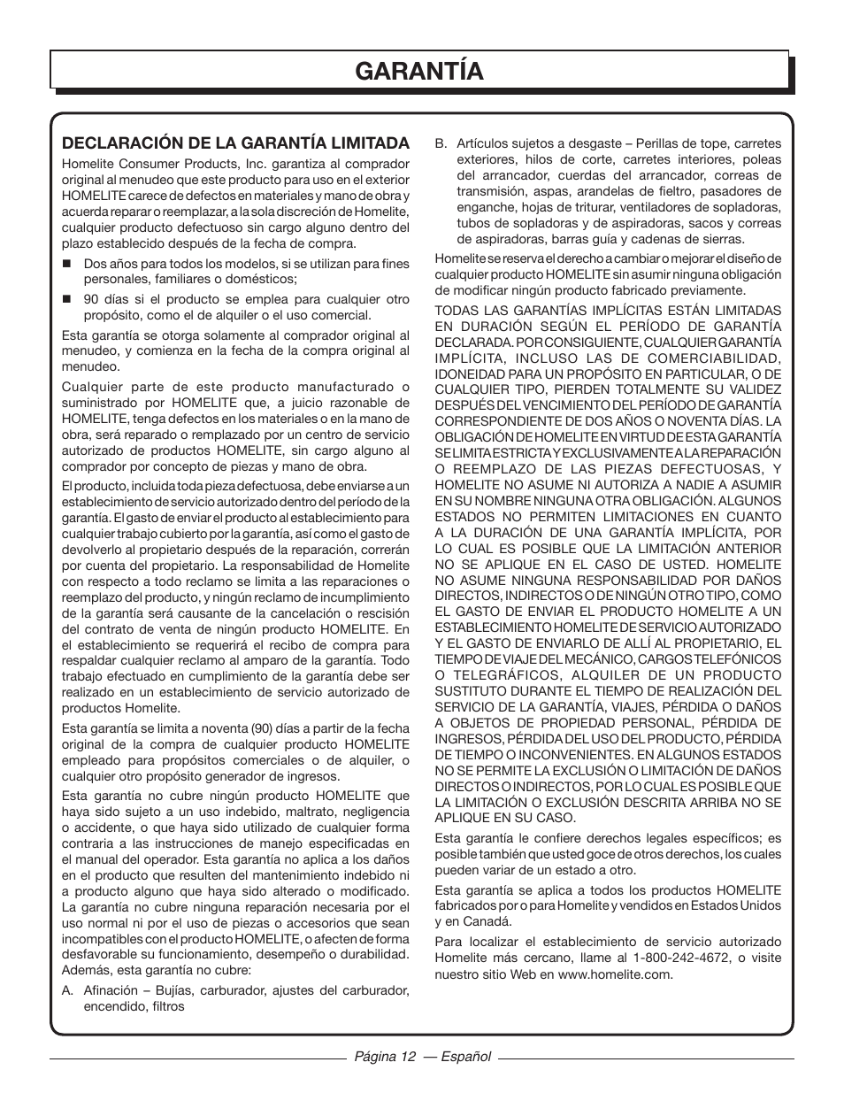 Garantía | Homelite UT32601 User Manual | Page 40 / 44