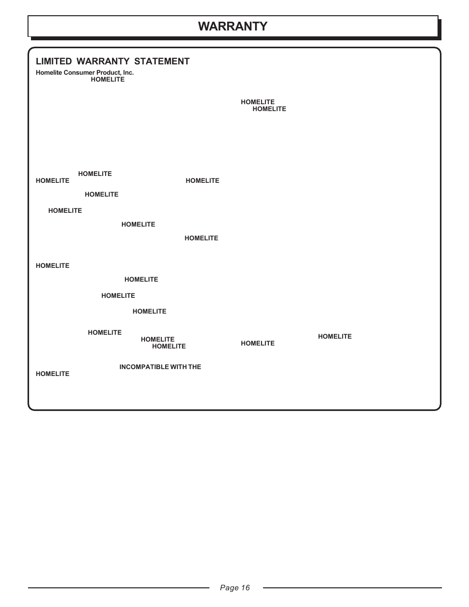 Warranty, Limited warranty statement | Homelite TOOL UT20818 User Manual | Page 16 / 20