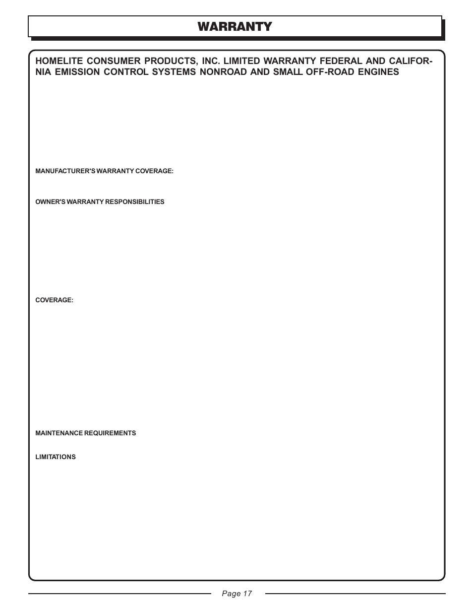 Warranty | Homelite TOOL UT20818 User Manual | Page 17 / 20
