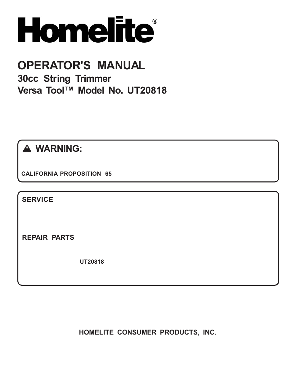 Operator's manual, Warning | Homelite TOOL UT20818 User Manual | Page 20 / 20