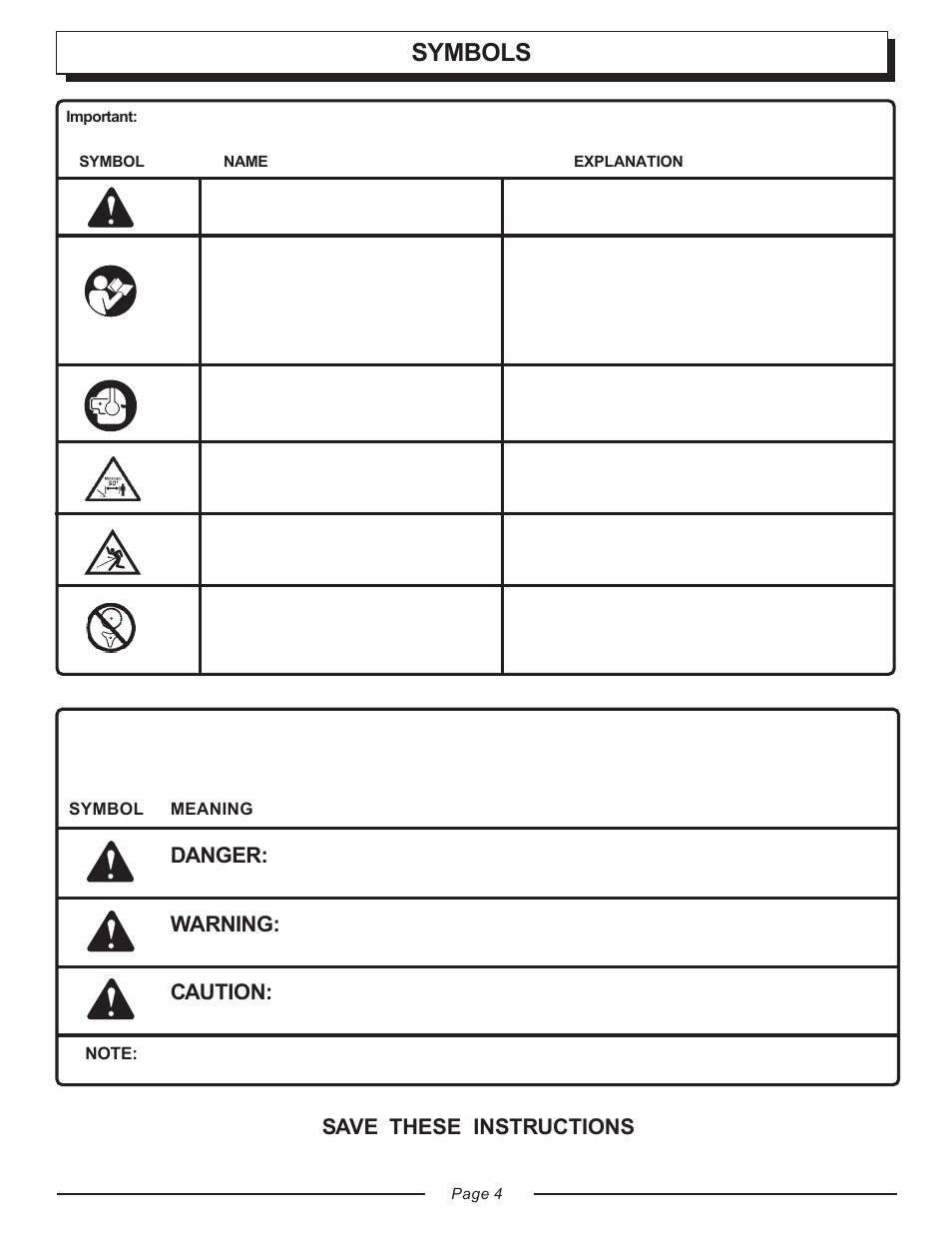Symbols, Danger, Warning | Caution, Save these instructions | Homelite TOOL UT20818 User Manual | Page 4 / 20