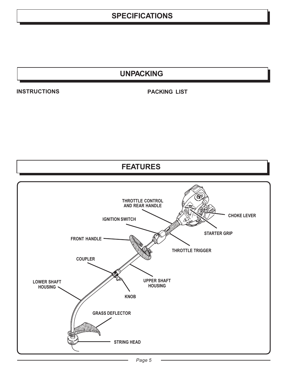 Features specifications features, Features unpacking | Homelite TOOL UT20818 User Manual | Page 5 / 20