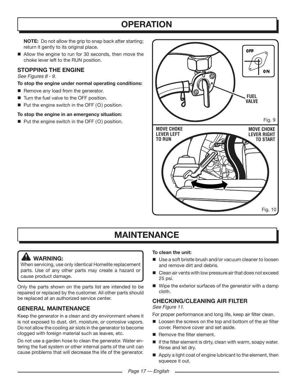 Operation, Maintenance | Homelite HG5700 User Manual | Page 17 / 24
