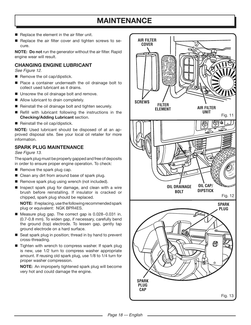 Maintenance, Changing engine lubricant, Spark plug maintenance | Homelite HG5700 User Manual | Page 18 / 24