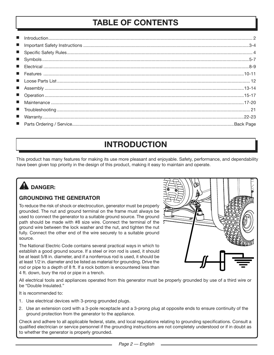 Table of contents introduction | Homelite HG5700 User Manual | Page 2 / 24