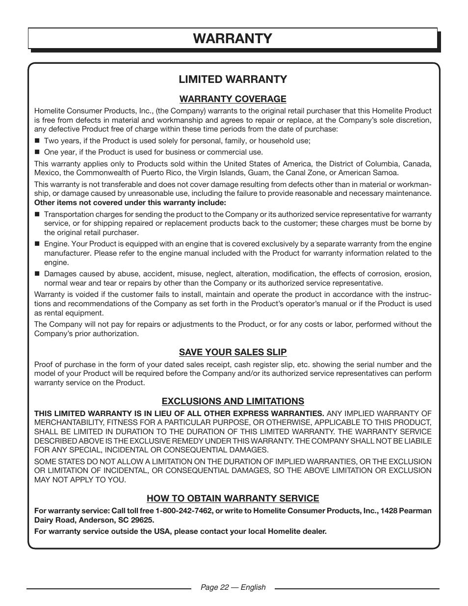Warranty, Limited warranty | Homelite HG5700 User Manual | Page 22 / 24