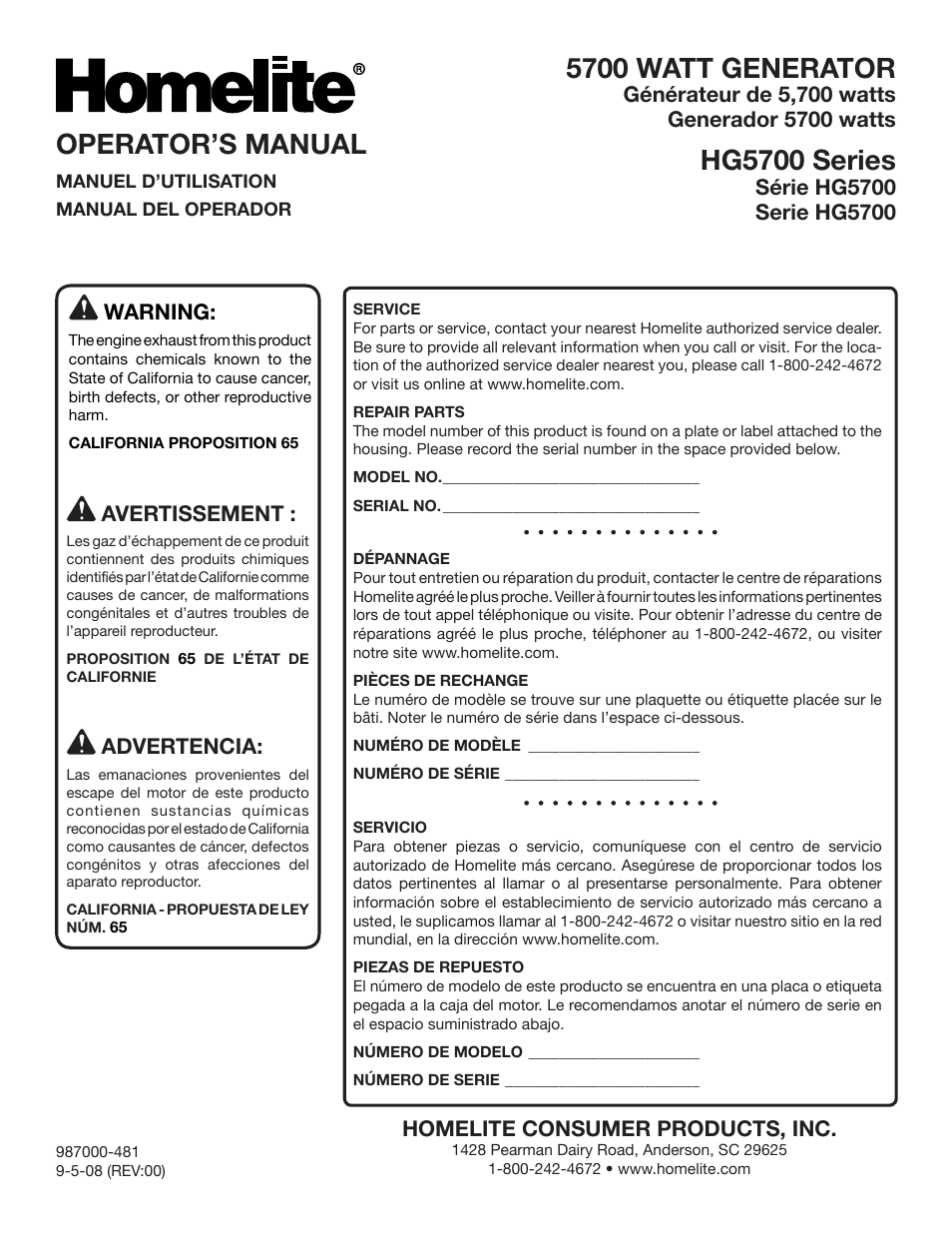 5700 watt generator, Hg5700 series, Operator’s manual | Homelite HG5700 User Manual | Page 24 / 24