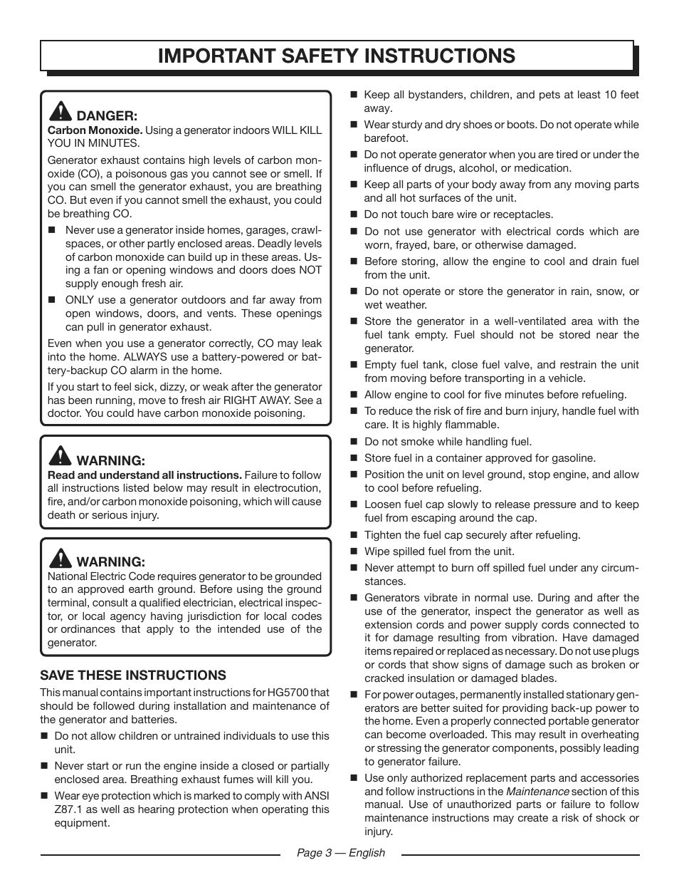 Important safety instructions | Homelite HG5700 User Manual | Page 3 / 24