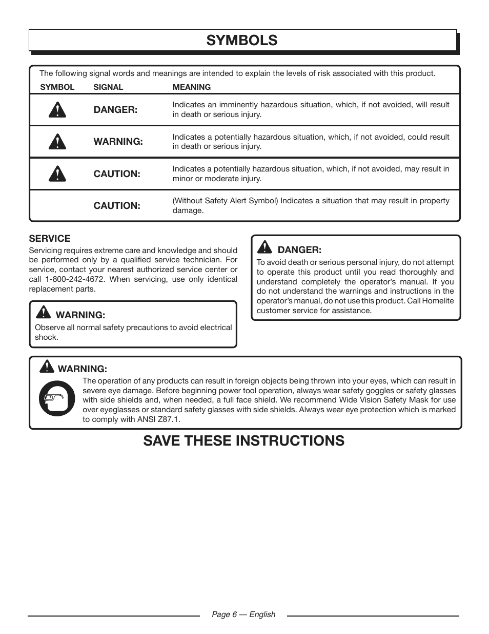 Symbols save these instructions | Homelite HG5700 User Manual | Page 6 / 24