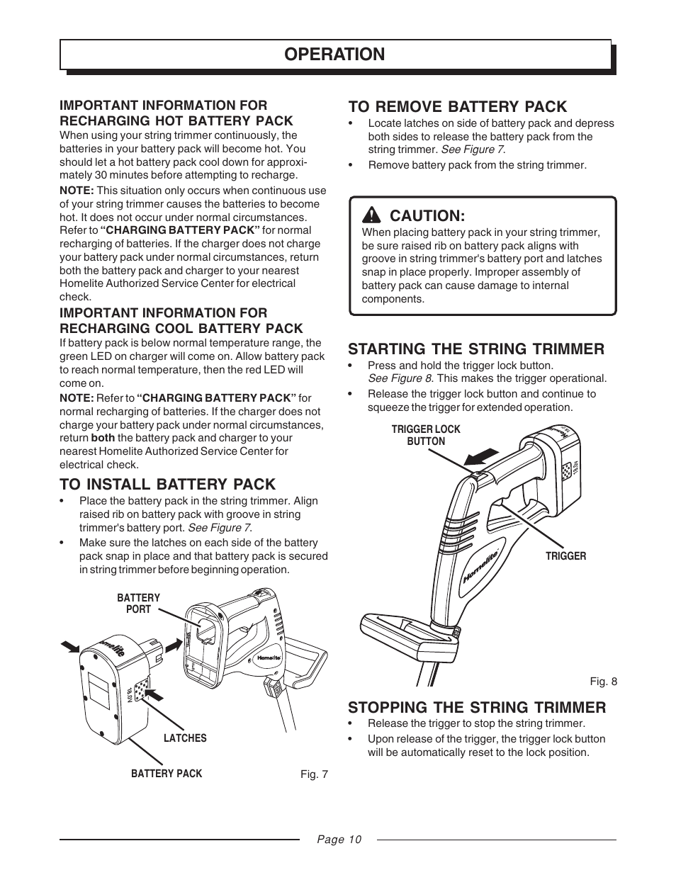 Operation, Caution, Starting the string trimmer | Stopping the string trimmer | Homelite UT31810 User Manual | Page 10 / 18