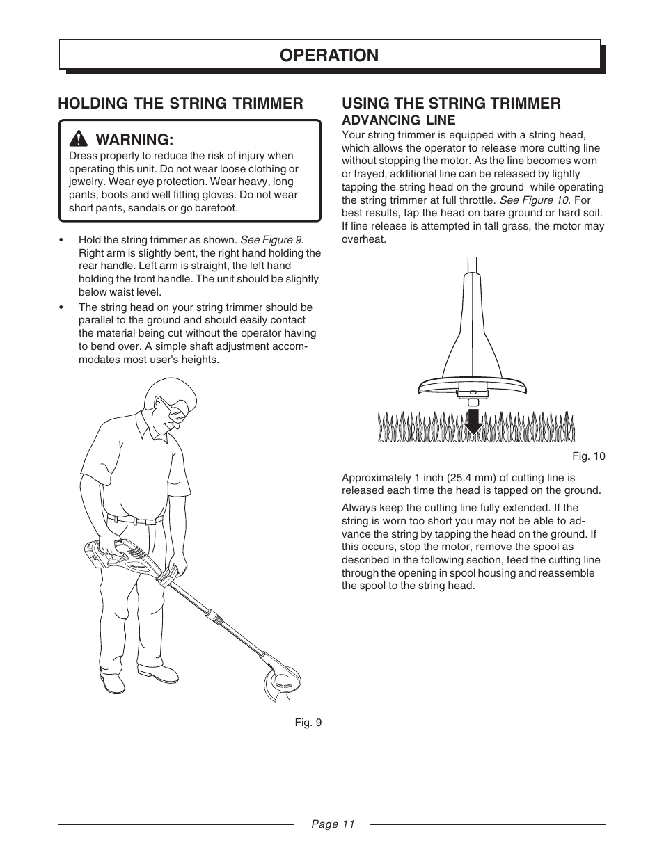 Operation, Using the string trimmer, Holding the string trimmer warning | Homelite UT31810 User Manual | Page 11 / 18