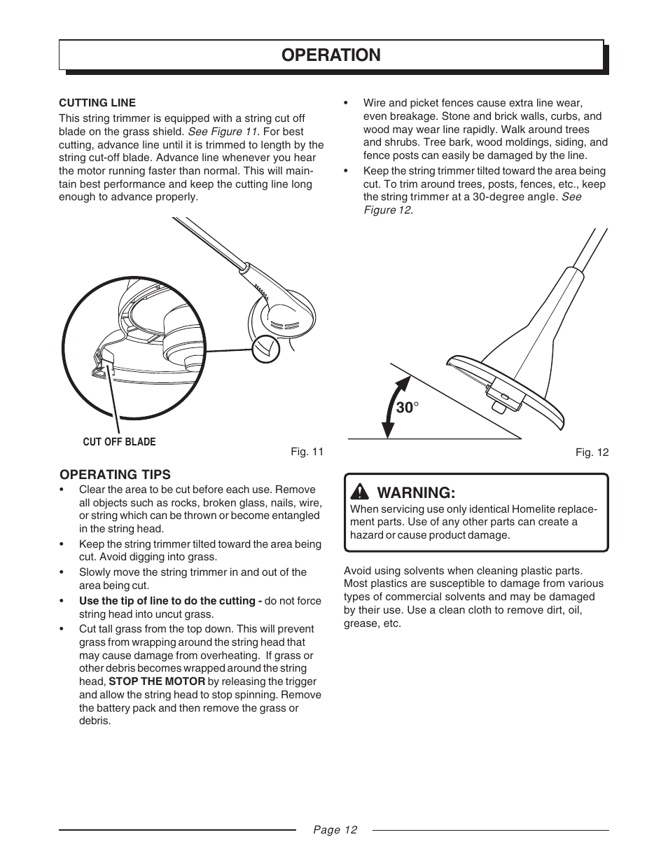 Operation, Warning | Homelite UT31810 User Manual | Page 12 / 18