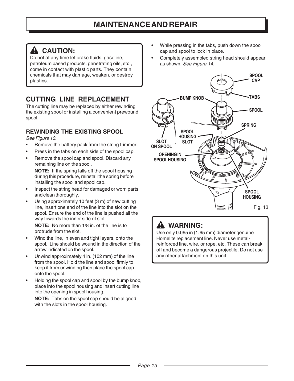 Maintenance and repair, Cutting line replacement, Warning | Caution, Rewinding the existing spool | Homelite UT31810 User Manual | Page 13 / 18