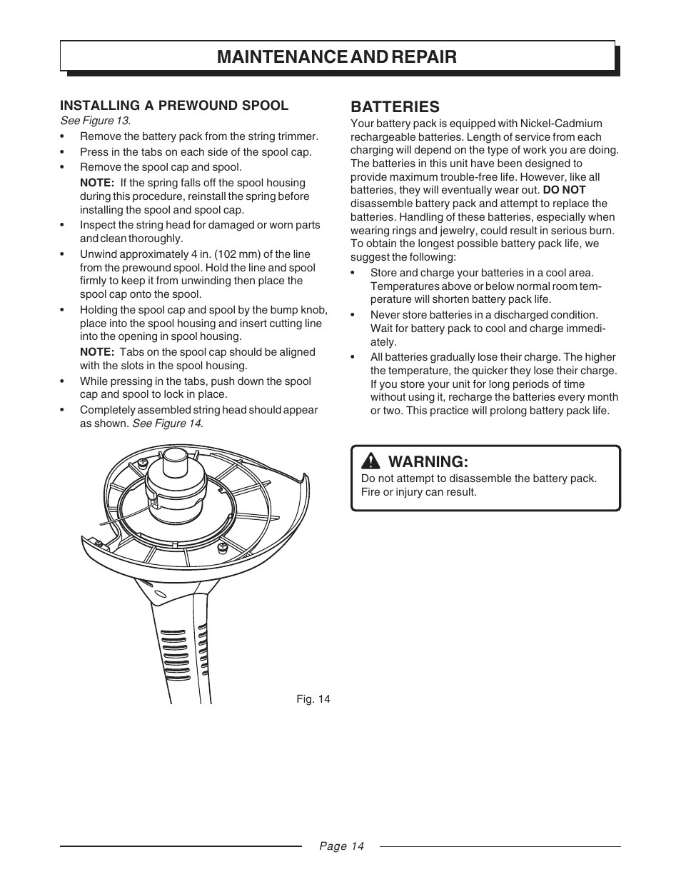 Maintenance and repair, Batteries, Warning | Homelite UT31810 User Manual | Page 14 / 18