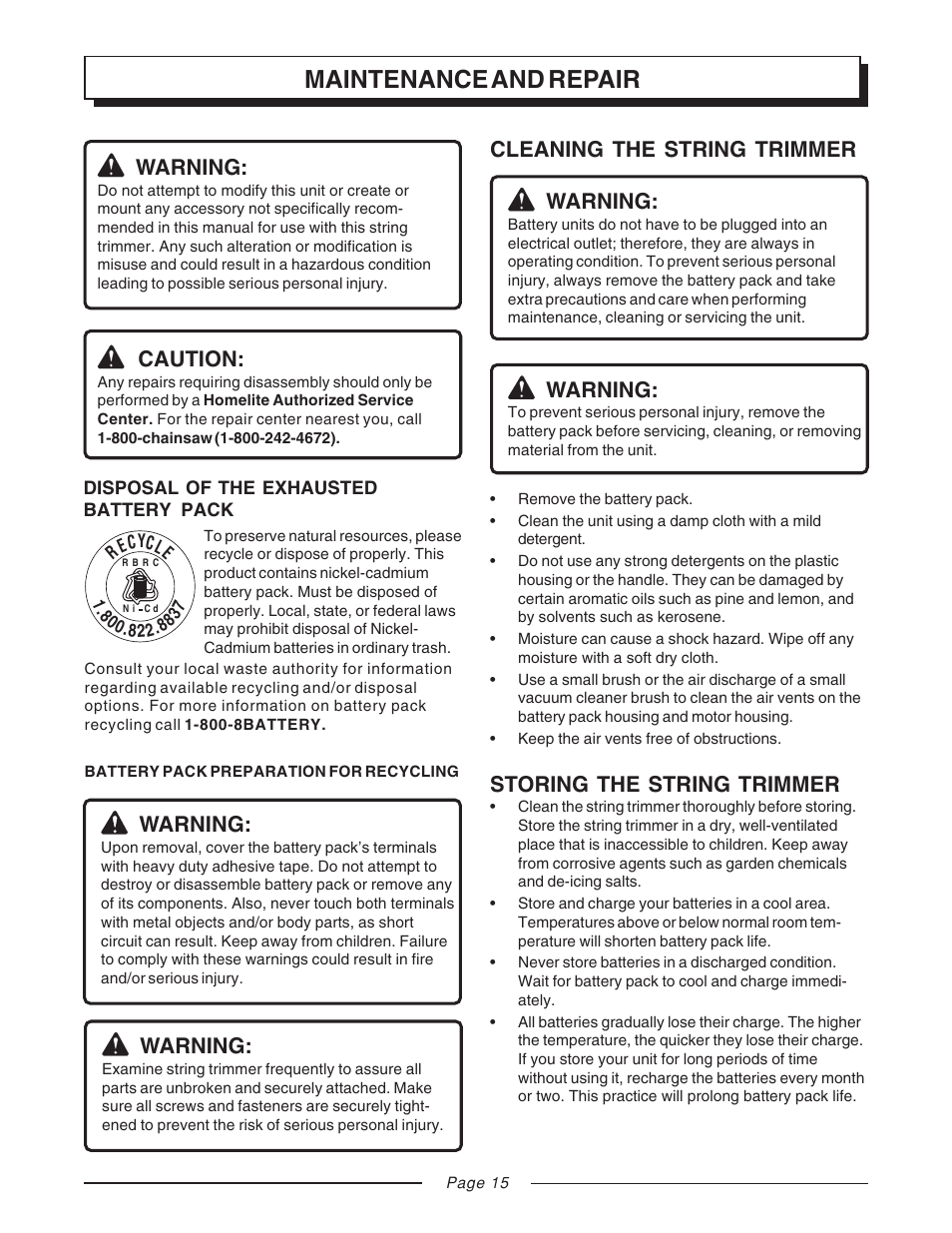 Maintenance and repair, Warning, Caution | Cleaning the string trimmer, Storing the string trimmer | Homelite UT31810 User Manual | Page 15 / 18