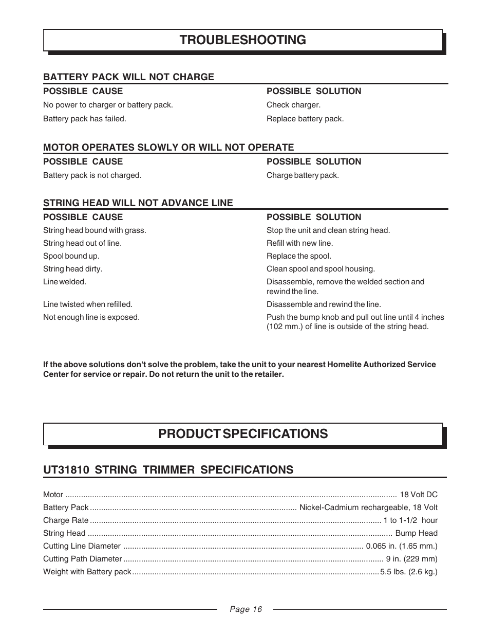 Troubleshooting, Product specifications | Homelite UT31810 User Manual | Page 16 / 18