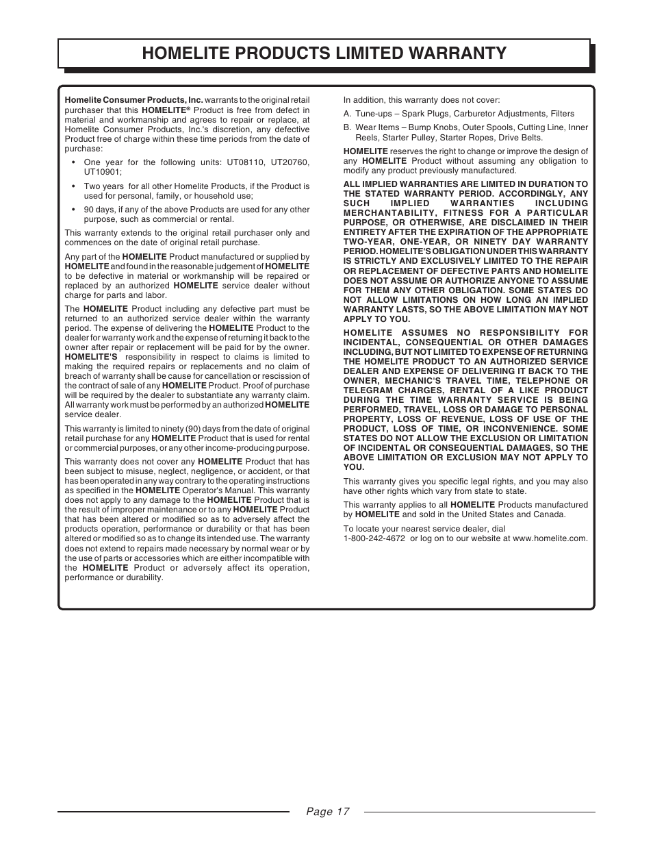 Homelite products limited warranty | Homelite UT31810 User Manual | Page 17 / 18