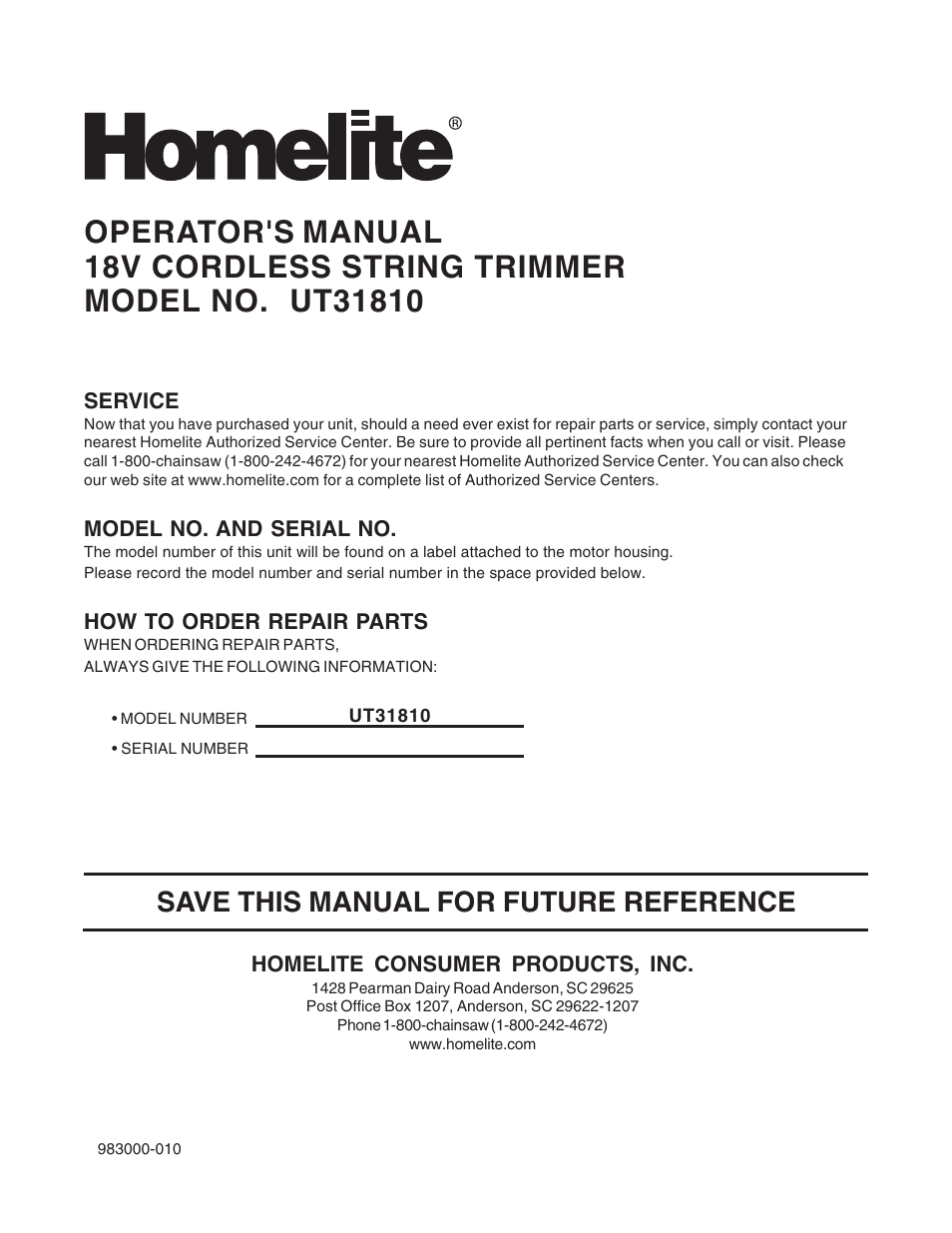 Save this manual for future reference | Homelite UT31810 User Manual | Page 18 / 18