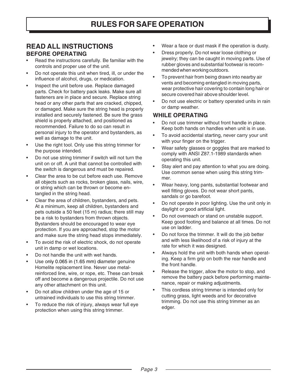 Rules for safe operation, Read all instructions | Homelite UT31810 User Manual | Page 3 / 18
