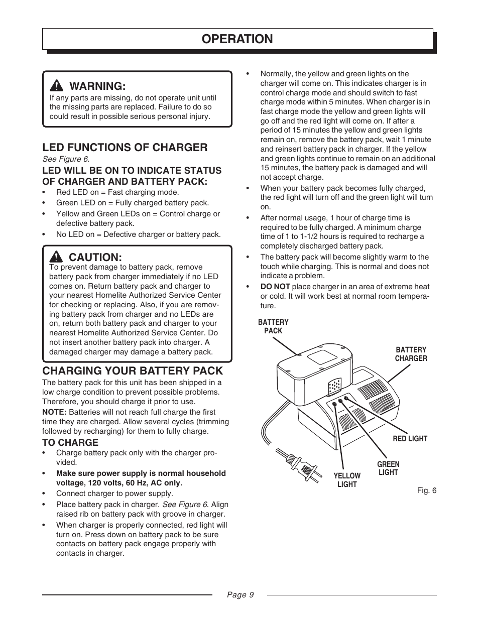 Operation, Led functions of charger, Caution | Charging your battery pack, Warning | Homelite UT31810 User Manual | Page 9 / 18