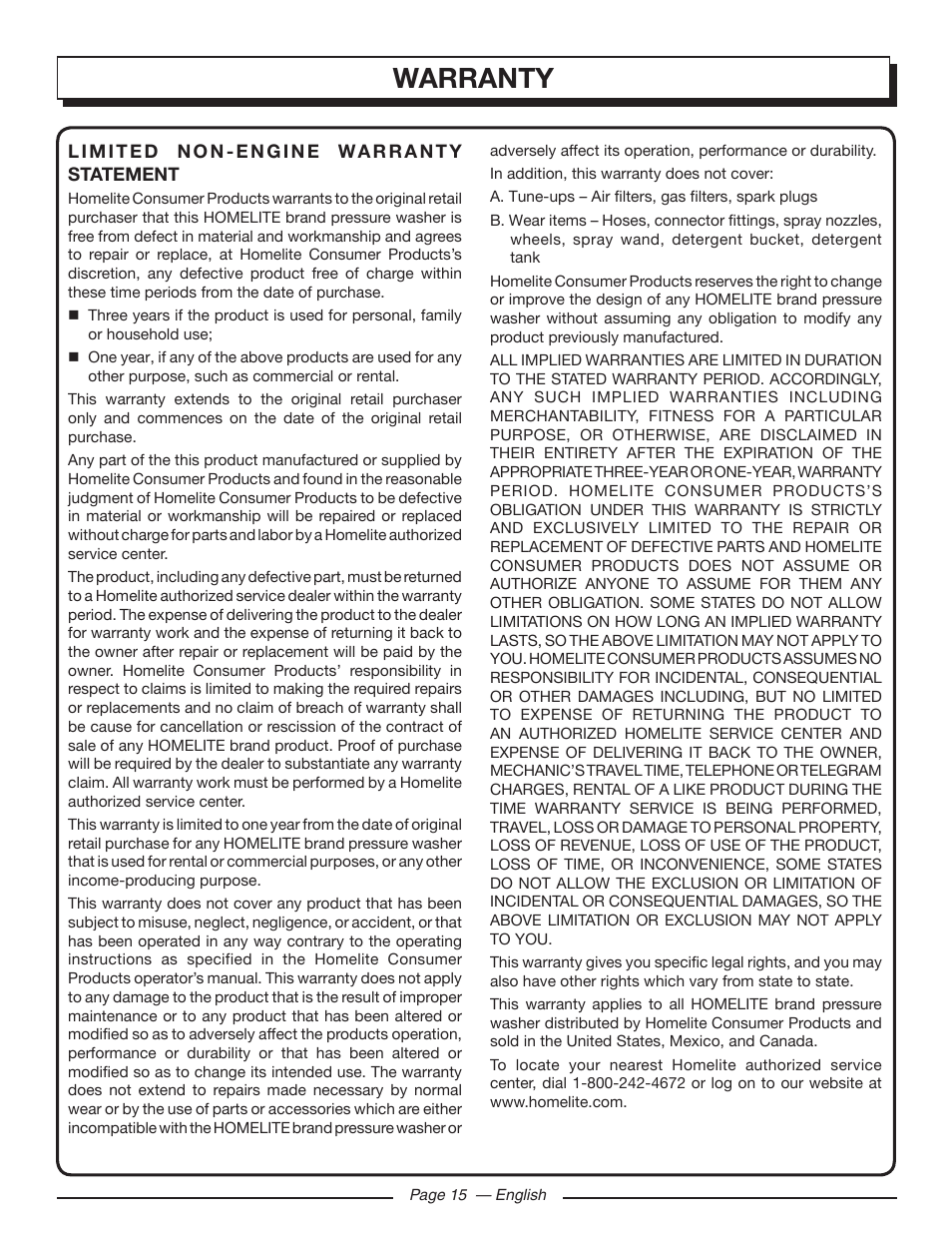 Warranty | Homelite HL80923 User Manual | Page 19 / 48