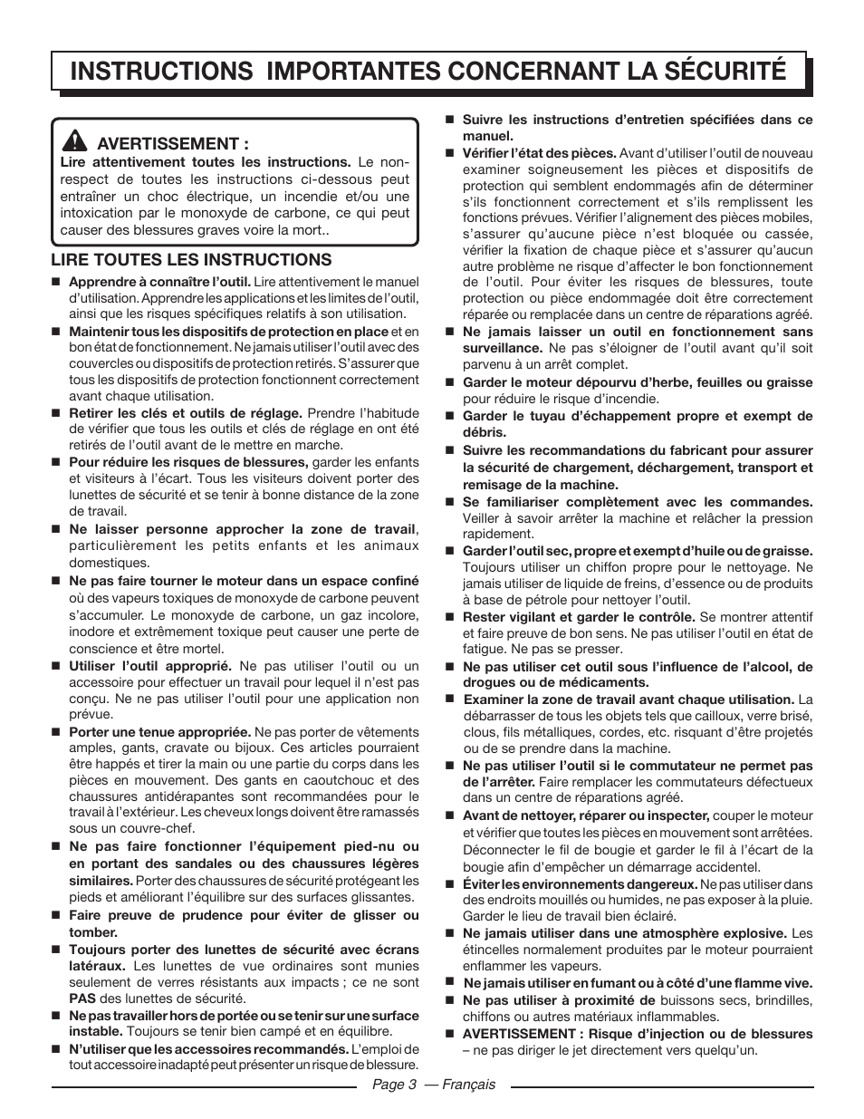 Instructions importantes concernant la sécurité, Avertissement, Lire toutes les instructions | Homelite HL80923 User Manual | Page 20 / 48