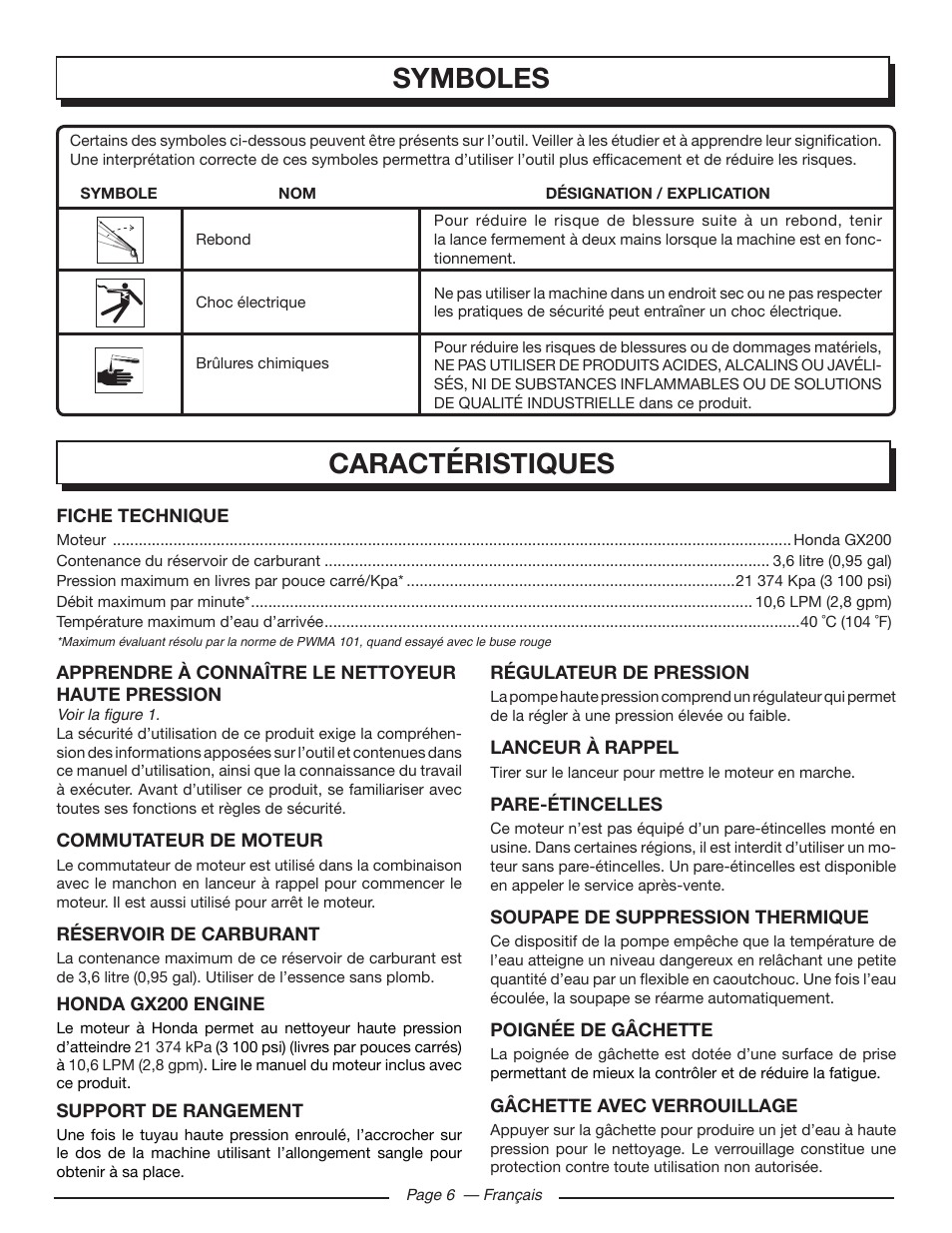 Symboles, Caractéristiques | Homelite HL80923 User Manual | Page 23 / 48