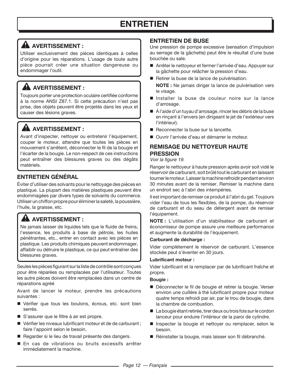 Entretien | Homelite HL80923 User Manual | Page 29 / 48