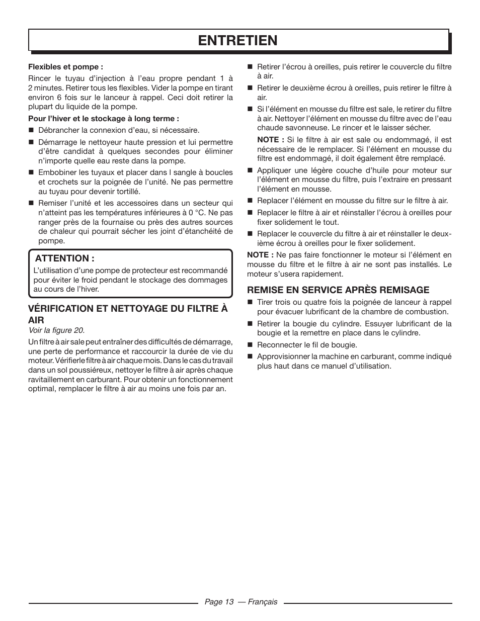 Entretien | Homelite HL80923 User Manual | Page 30 / 48